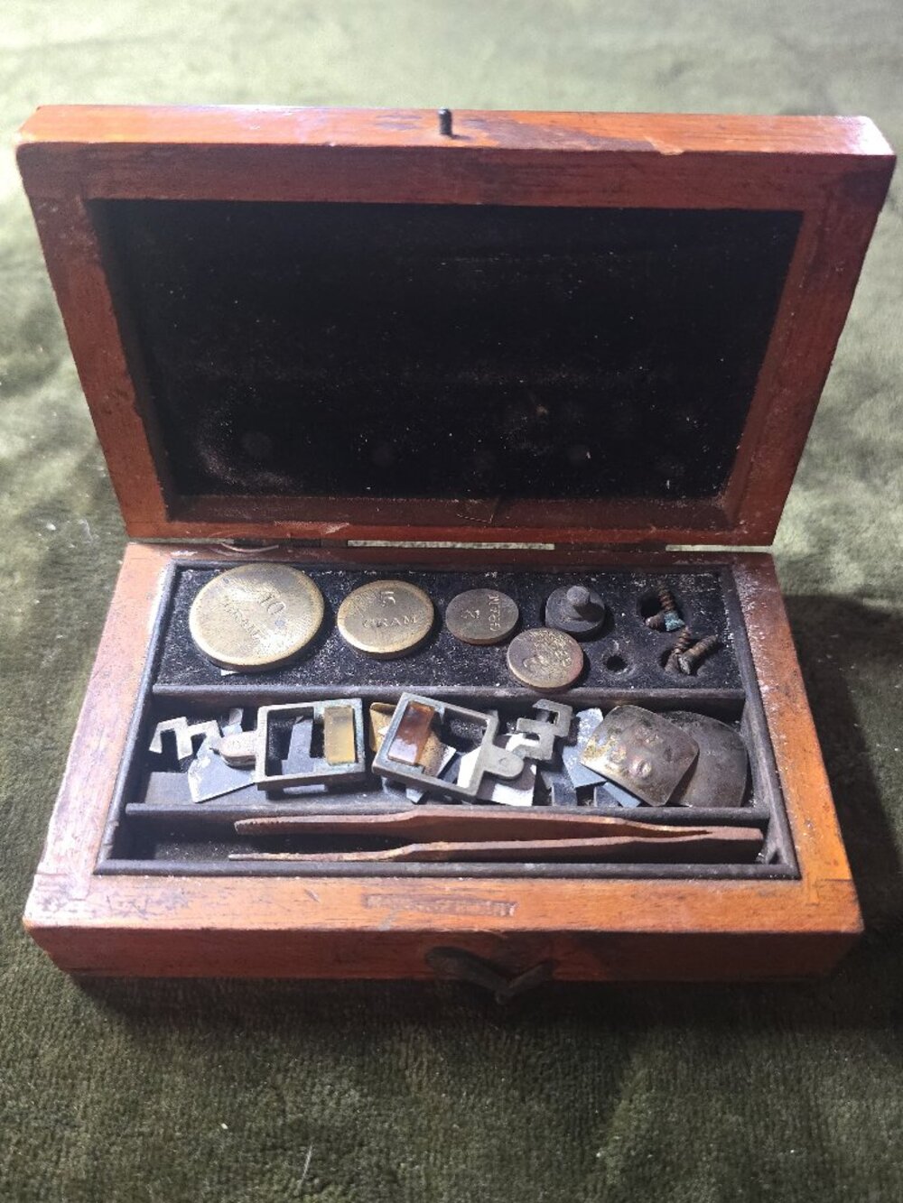 Antique Apothecary Balance Scale Weight Set, Brass Gram Weights, Tweezers, Wood
